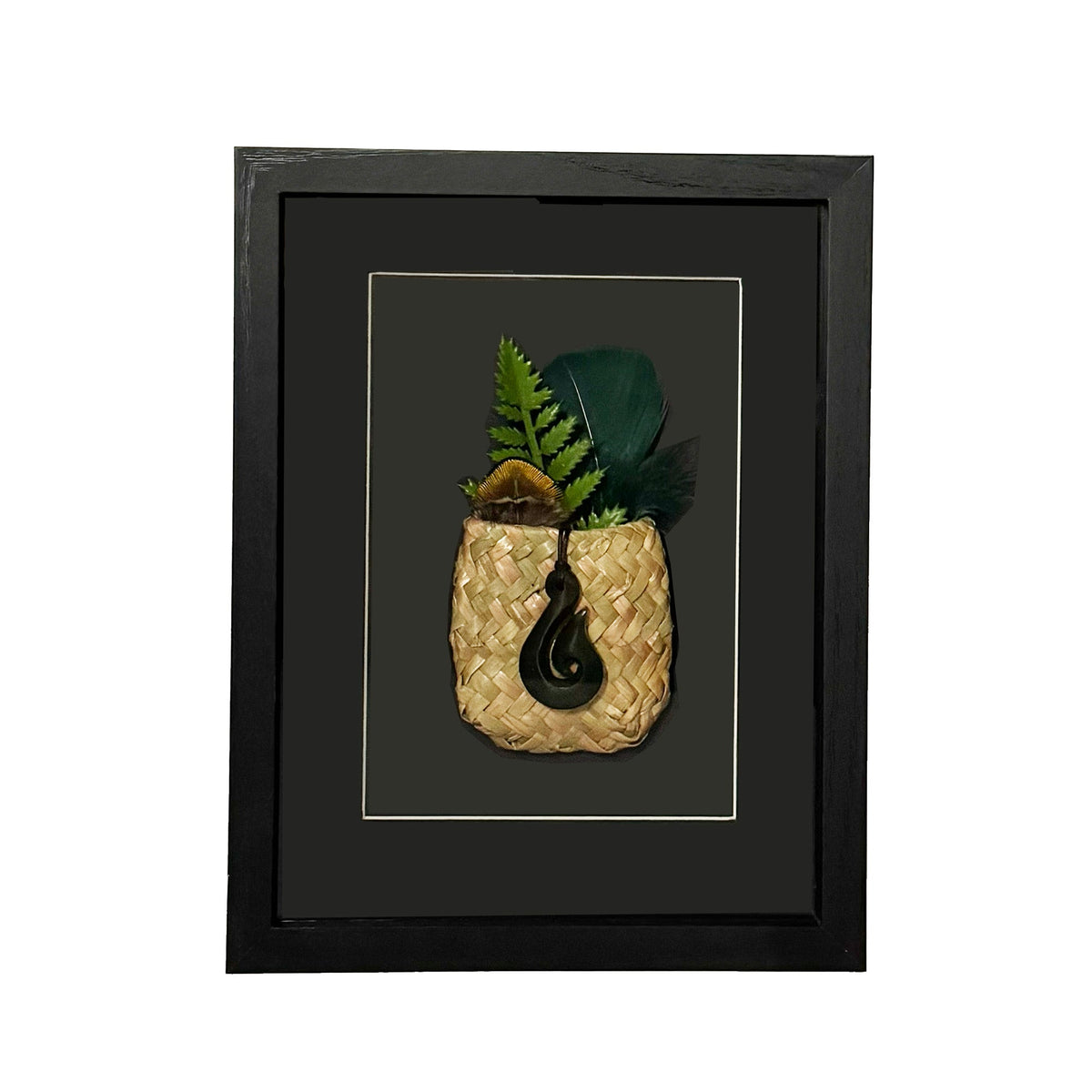 Genuine NZ Greenstone Fish Hook Necklace in Shadow Box Wall Art - ShopNZ
