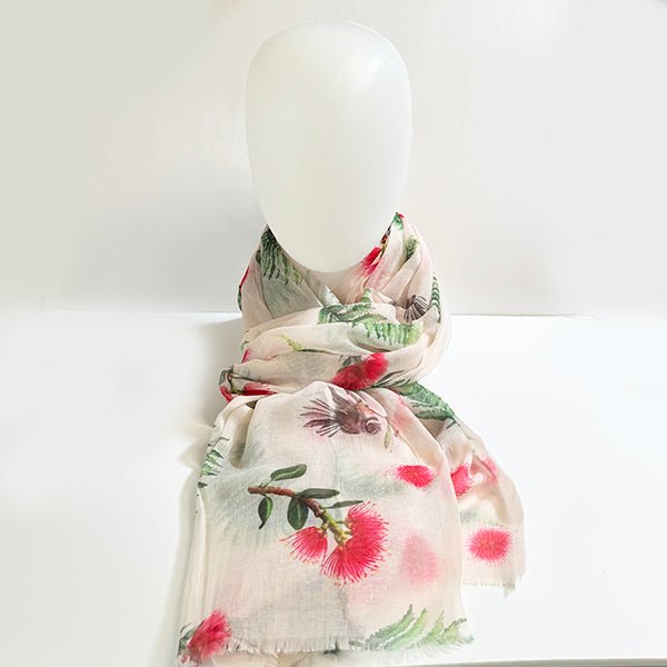 Gorgeous NZ Scarf Celebrating Pohutukawa Ferns and Fantails - ShopNZ