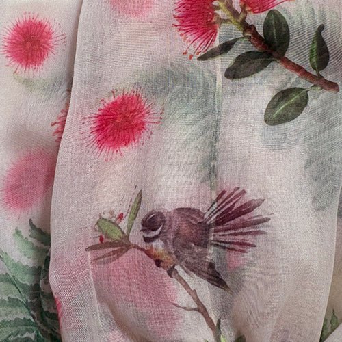 Gorgeous NZ Scarf Celebrating Pohutukawa Ferns and Fantails - ShopNZ