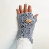 Handmade Grey Wool Fingerless Gloves with Pretty Flower Embroidery - ShopNZ