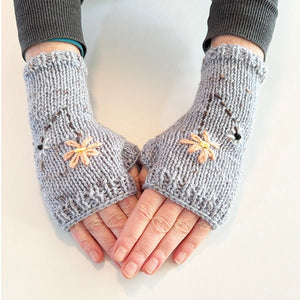 Handmade Grey Wool Fingerless Gloves with Pretty Flower Embroidery - ShopNZ