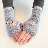 Handmade Grey Wool Fingerless Gloves with Pretty Flower Embroidery - ShopNZ