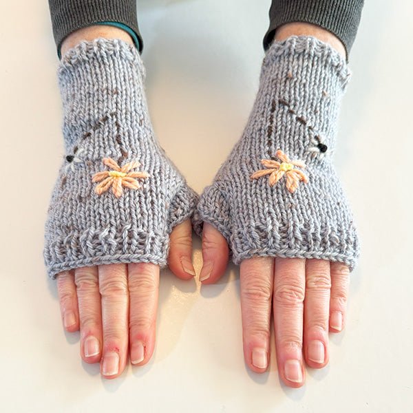 Handmade Grey Wool Fingerless Gloves with Pretty Flower Embroidery - ShopNZ