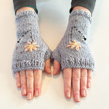 Handmade Grey Wool Fingerless Gloves with Pretty Flower Embroidery - ShopNZ