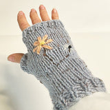 Handmade Grey Wool Fingerless Gloves with Pretty Flower Embroidery - ShopNZ