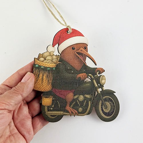 Iconic NZ Santa Kiwi Biker with Pipi Kete Christmas Ornament - ShopNZ