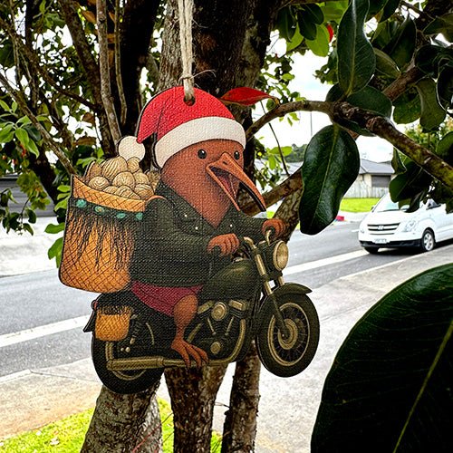 Iconic NZ Santa Kiwi Biker with Pipi Kete Christmas Ornament - ShopNZ