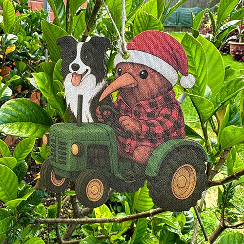 Kiwiana NZ Santa Kiwi on Tractor with his Dog Christmas Ornament - ShopNZ