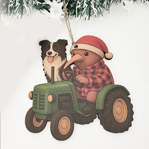 Kiwiana NZ Santa Kiwi on Tractor with his Dog Christmas Ornament - ShopNZ