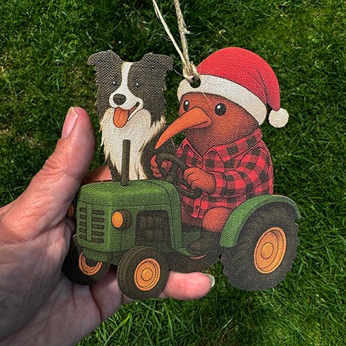 Kiwiana NZ Santa Kiwi on Tractor with his Dog Christmas Ornament - ShopNZ