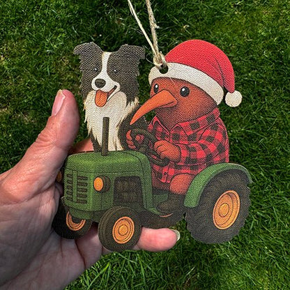 Kiwiana NZ Santa Kiwi on Tractor with his Dog Christmas Ornament - ShopNZ