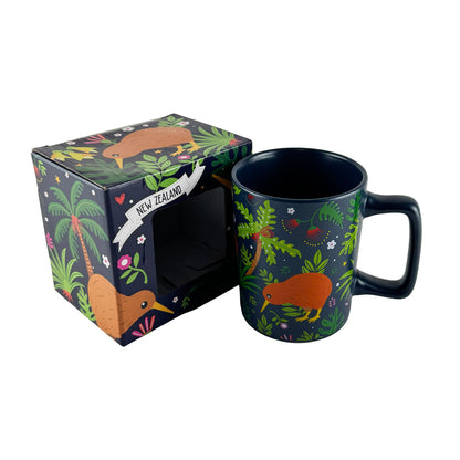Large 14oz Souvenir NZ Coffee Mug with Native Kiwi Bird and Flowers Print - ShopNZ