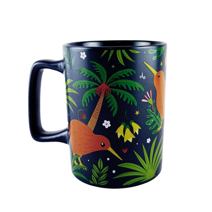 Large 14oz Souvenir NZ Coffee Mug with Native Kiwi Bird and Flowers Print - ShopNZ