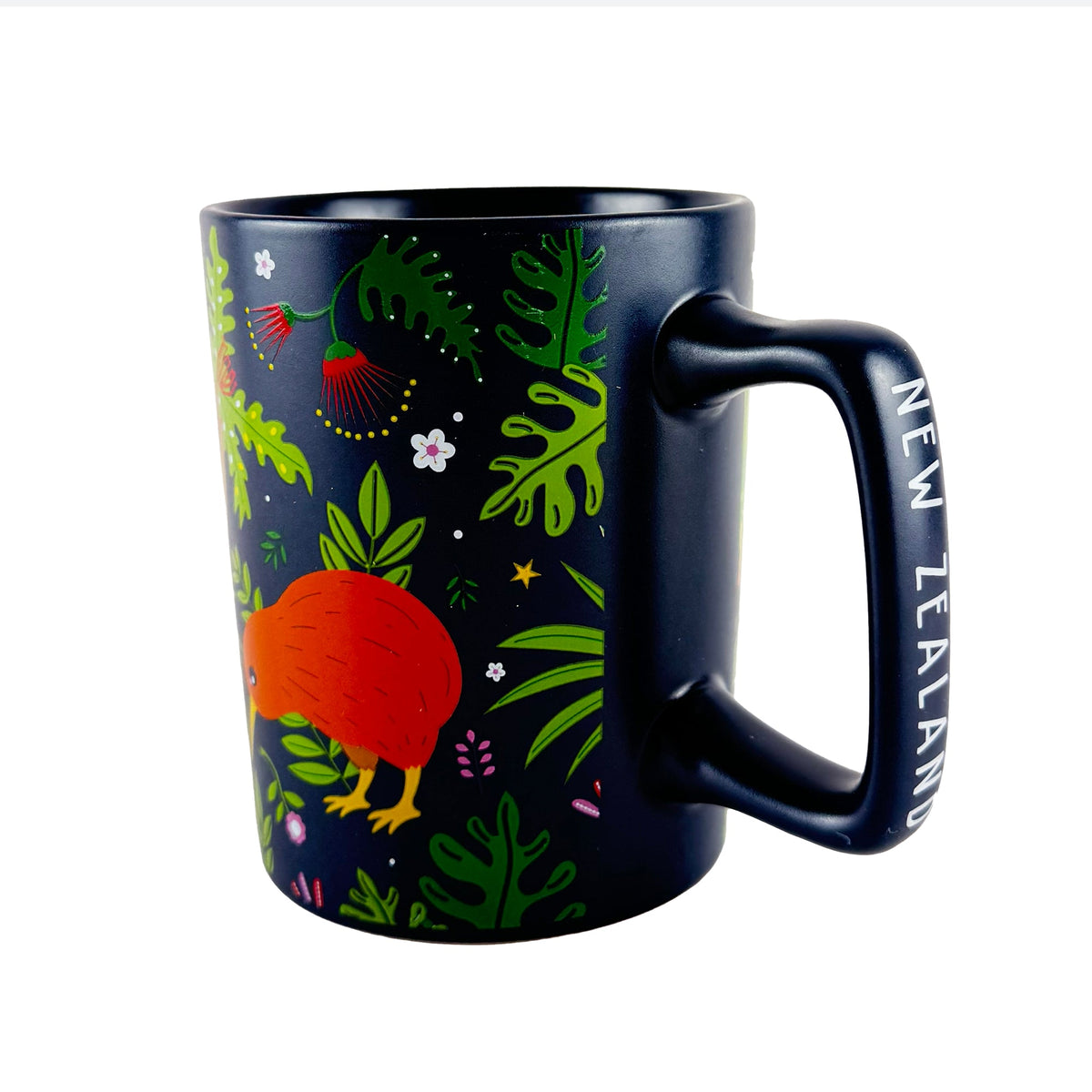 Large 14oz Souvenir NZ Coffee Mug with Native Kiwi Bird and Flowers Print - ShopNZ