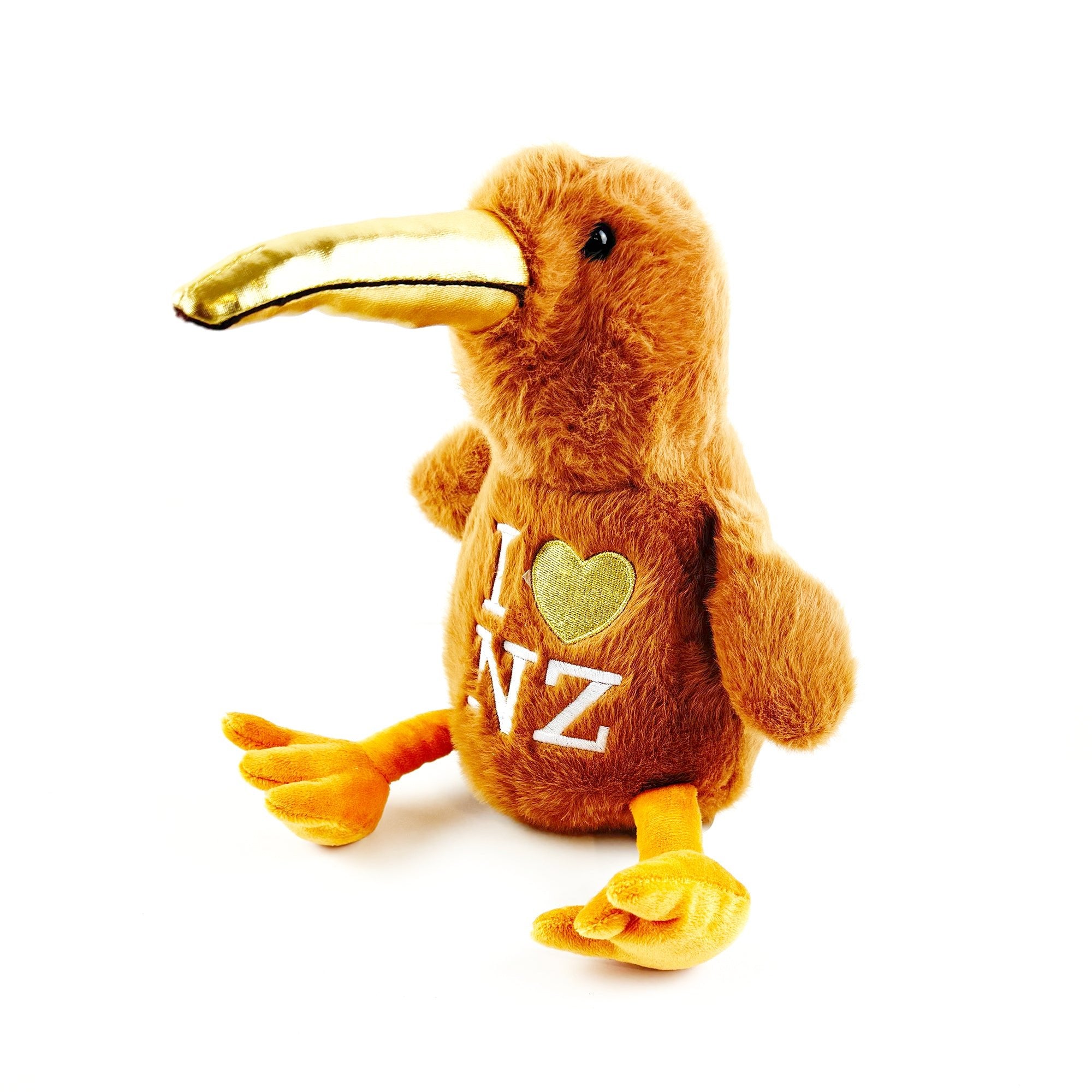 Large 27cm Kiwi Bird Toy with Gold Beak and I Love NZ Embroidery - ShopNZ
