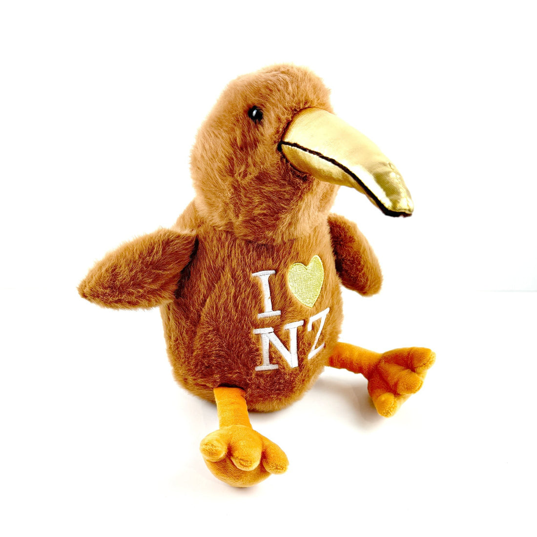 Large 27cm Kiwi Bird Toy with Gold Beak and I Love NZ Embroidery - ShopNZ