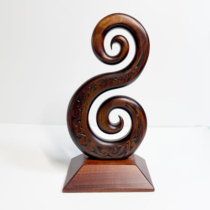 Large NZ Maori Carved Wooden Double Koru Trophy - ShopNZ