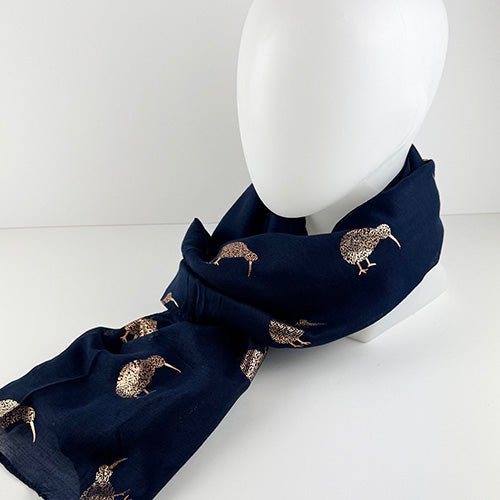 Lovely Navy Scarf Covered with Rose Gold Kiwi Birds - ShopNZ