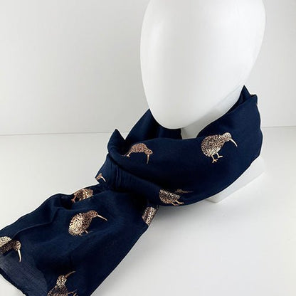 Lovely Navy Scarf Covered with Rose Gold Kiwi Birds - ShopNZ
