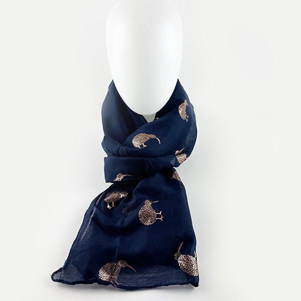 Lovely Navy Scarf Covered with Rose Gold Kiwi Birds - ShopNZ