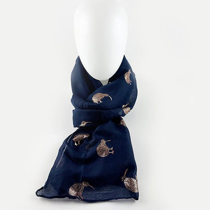 Lovely Navy Scarf Covered with Rose Gold Kiwi Birds - ShopNZ