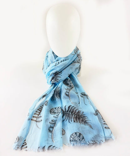 Lovely Soft Blue NZ Scarf with Grey and White Native Fern Print - ShopNZ