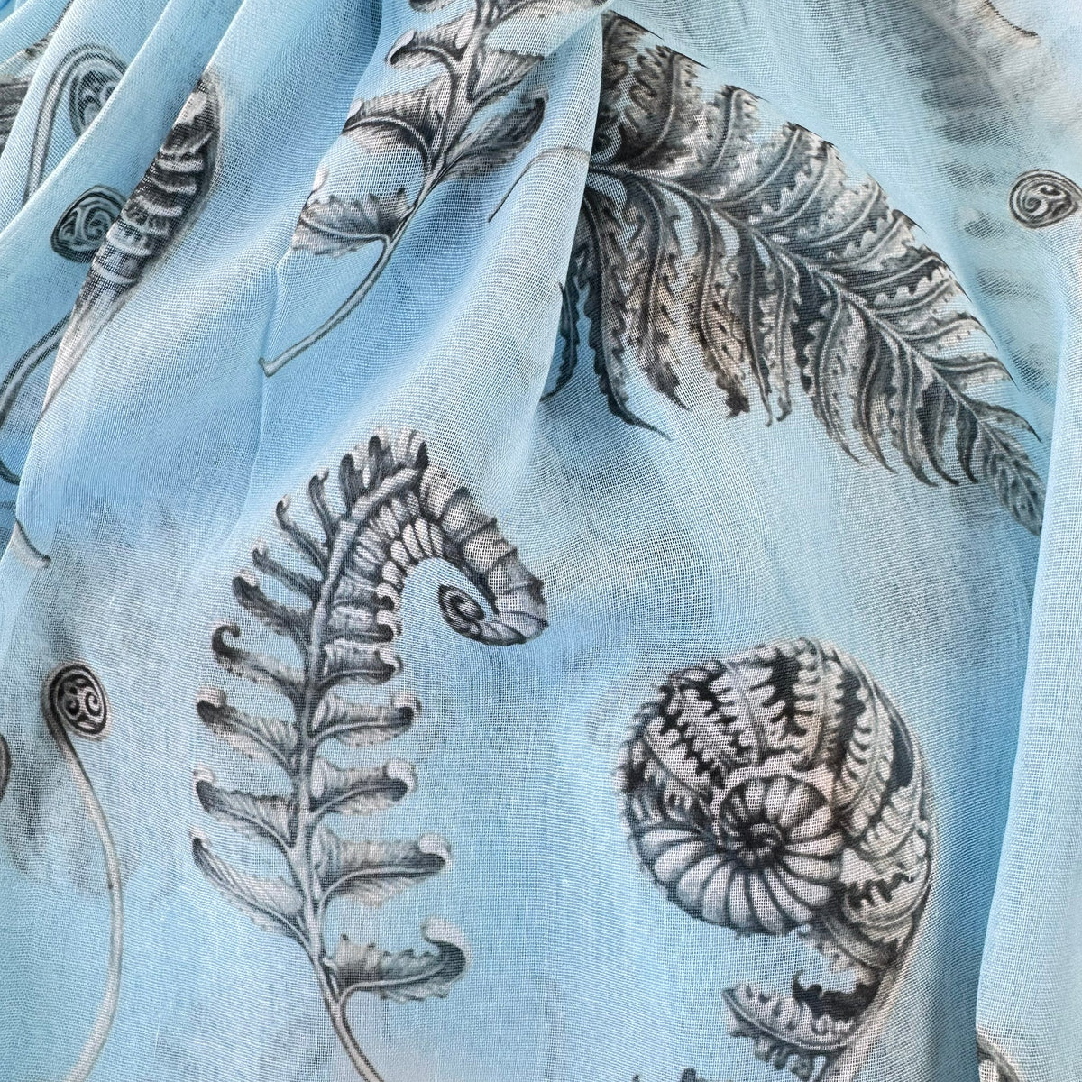 Lovely Soft Blue NZ Scarf with Grey and White Native Fern Print - ShopNZ
