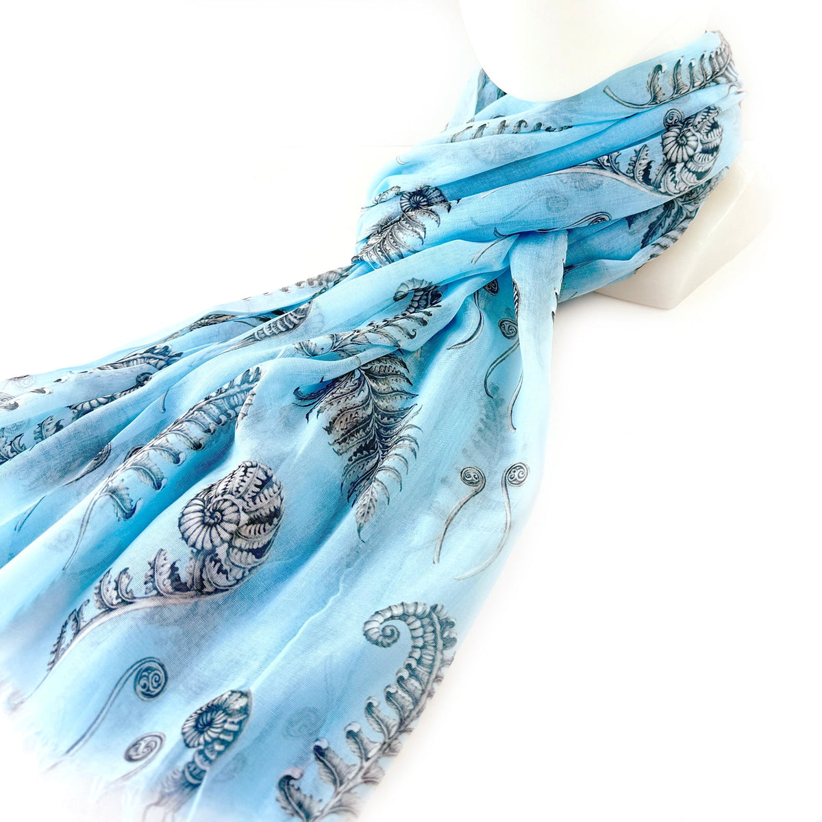 Lovely Soft Blue NZ Scarf with Grey and White Native Fern Print - ShopNZ