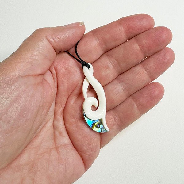 Maori Bone Hook Necklace with Twist Koru and Paua - ShopNZ