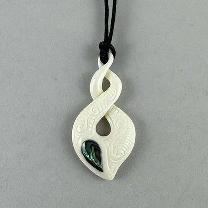 Maori Bone Love Twist Necklace with Paua and Surface Carving - ShopNZ