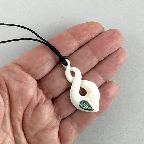 Maori Bone Love Twist Necklace with Paua and Surface Carving - ShopNZ