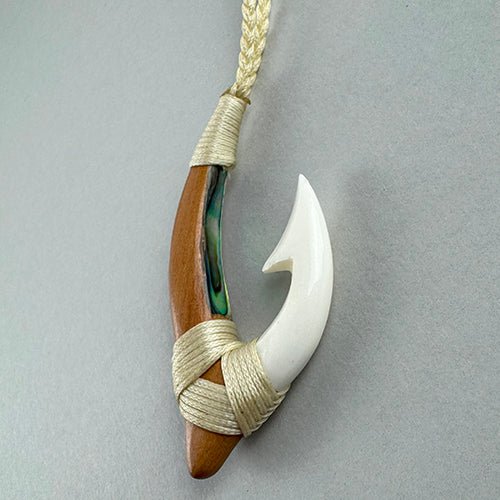 Maori Fish Hook Necklace Made From Bone Wood and Paua - ShopNZ