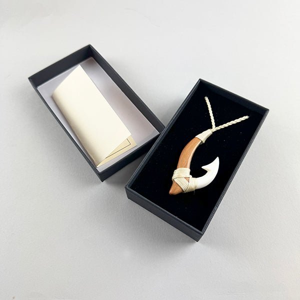 Maori Fish Hook Necklace Made From Bone Wood and Paua - ShopNZ