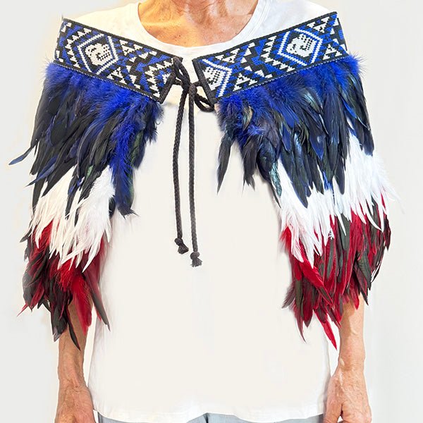 Māori Korowai Cape in Te Ātiawa Colours Blue White Red - ShopNZ
