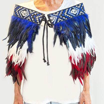 Māori Korowai Cape in Te Ātiawa Colours Blue White Red - ShopNZ