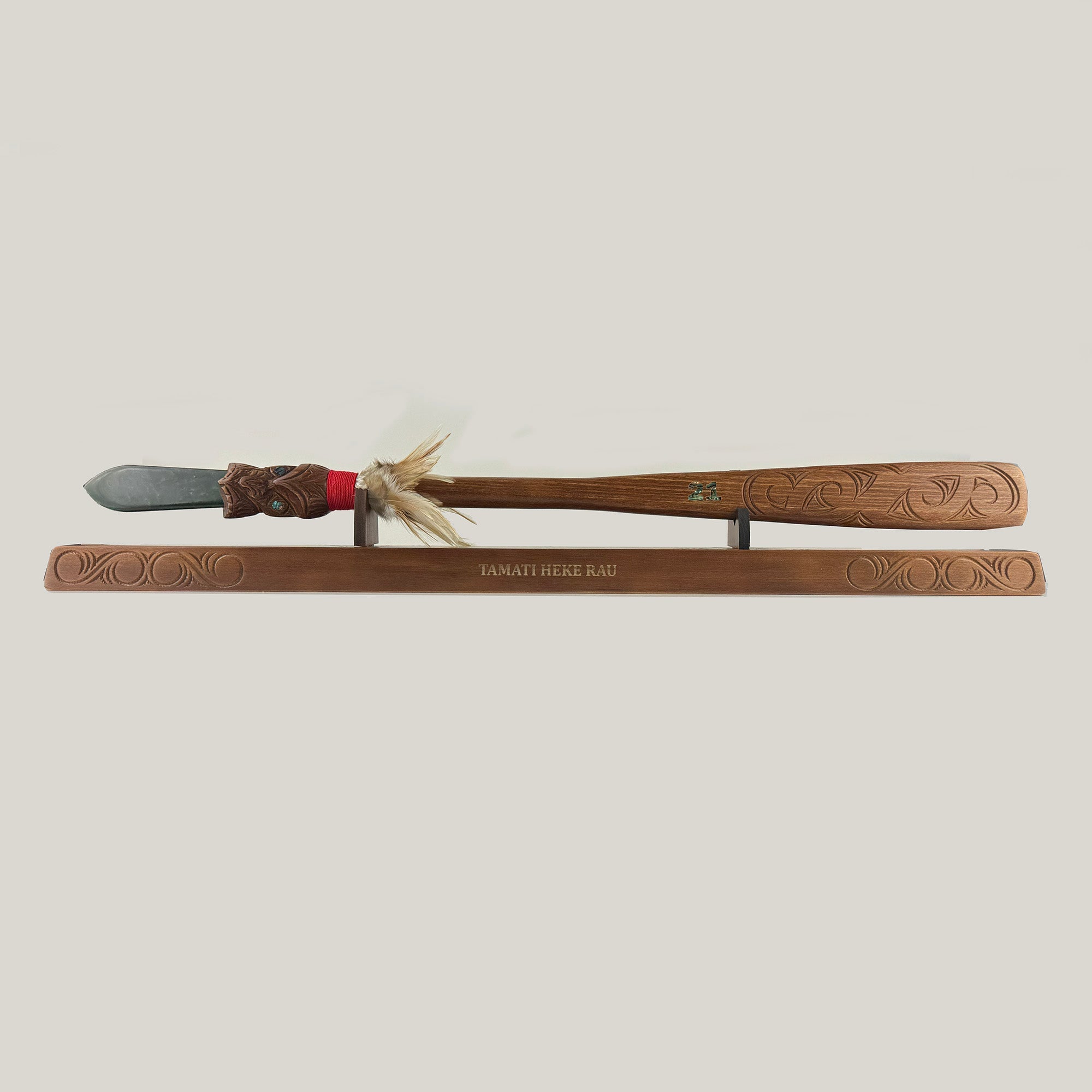 Māori Taiaha With Greenstone Tongue on Stand - ShopNZ