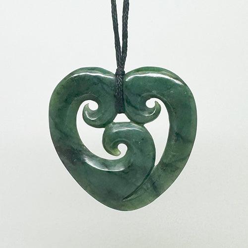 Medium 5cm Genuine NZ Greenstone Heart Necklace with 3 Koru - ShopNZ