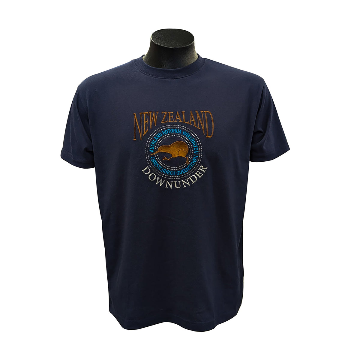 Navy Mens NZ Souvenir T-shirt with Embroidered Running Kiwi Bird - ShopNZ