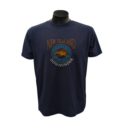 Navy Mens NZ Souvenir T-shirt with Embroidered Running Kiwi Bird - ShopNZ