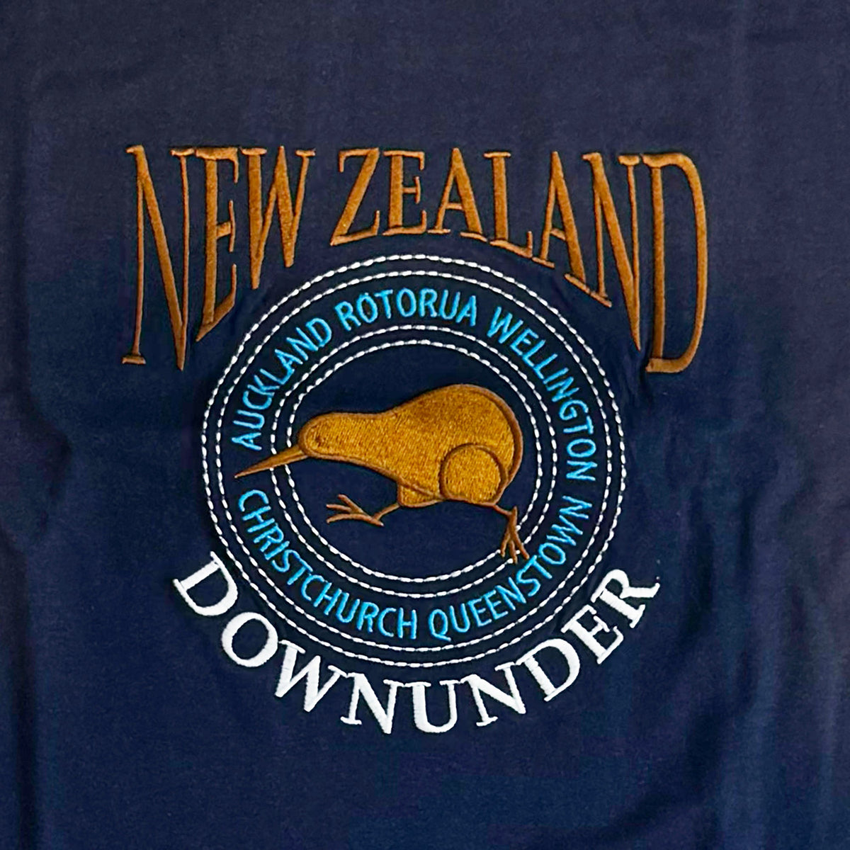 Navy Mens NZ Souvenir T-shirt with Embroidered Running Kiwi Bird - ShopNZ