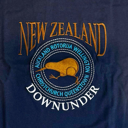 Navy Mens NZ Souvenir T-shirt with Embroidered Running Kiwi Bird - ShopNZ