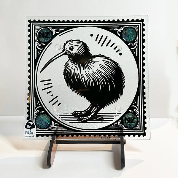 NZ Made Kiwi Bird Glass Plate and Stand - ShopNZ