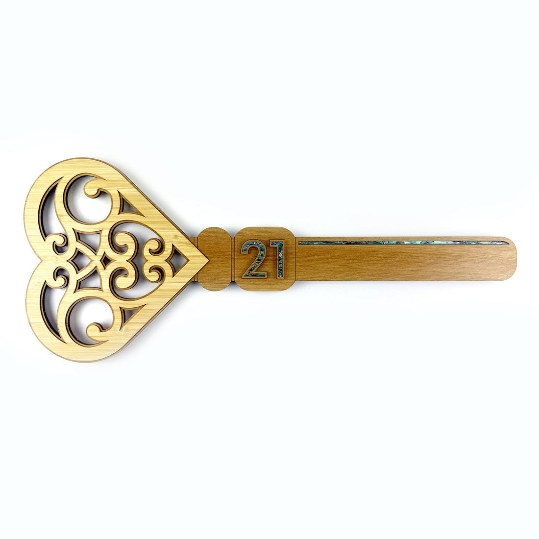 NZ Made Rimu and Paua 21st Birthday Key with Heart Shaped End - ShopNZ