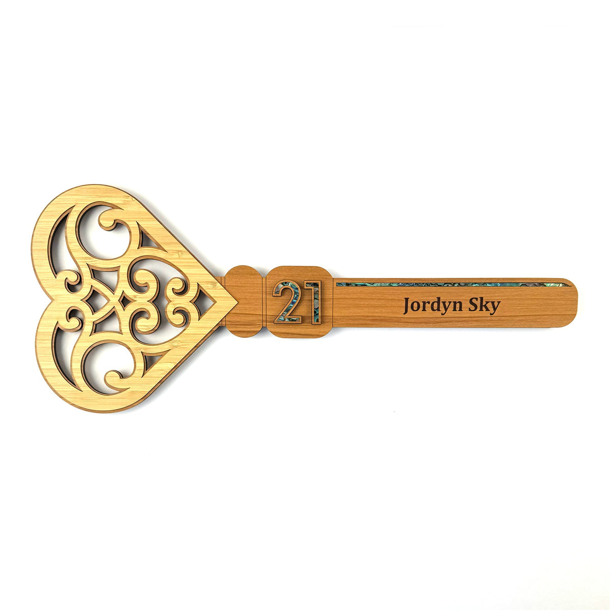 NZ Made Rimu and Paua 21st Birthday Key with Heart Shaped End - ShopNZ