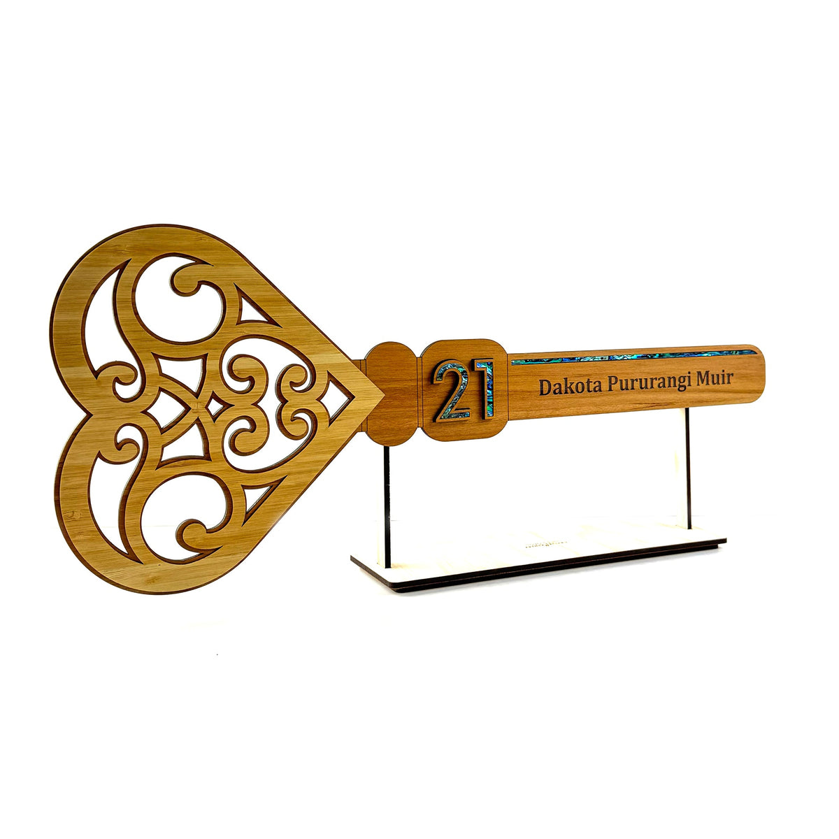 NZ Made Rimu and Paua 21st Birthday Key with Heart Shaped End - ShopNZ