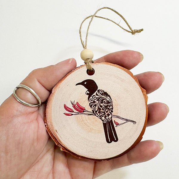 NZ Made Tui Bird Wood Slice Ornament - ShopNZ