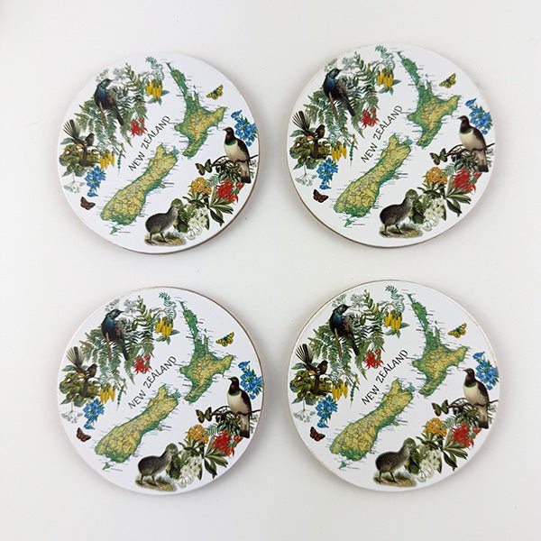 NZ Map Native Birds and Flowers Coasters - ShopNZ