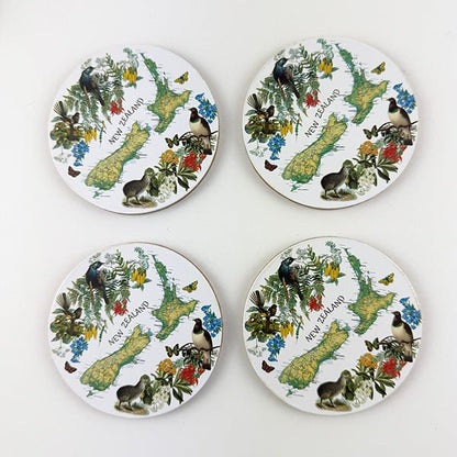 NZ Map Native Birds and Flowers Coasters - ShopNZ