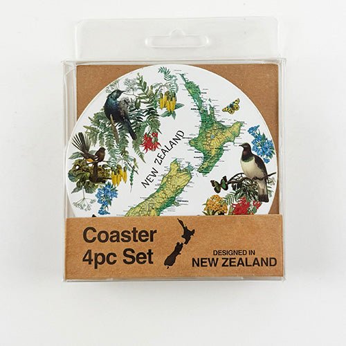 NZ Map Native Birds and Flowers Coasters - ShopNZ