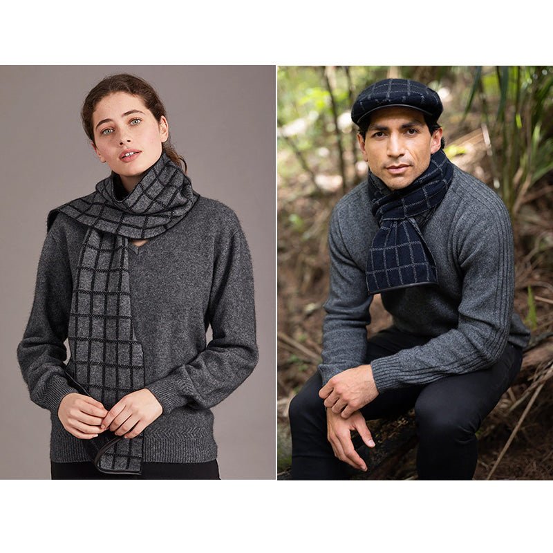 NZ Merino Possum Check Scarf with Leather Trim - ShopNZ